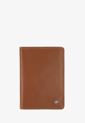 Brown leather wallet with visible stitching and a small silver metal logo in the lower right corner on a white background.