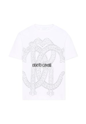 Camiseta blanca de manga corta con un gran diseño detallado de cuerda negra entrelazada y texto "roberto cavalli" impreso en negro en la parte delantera.