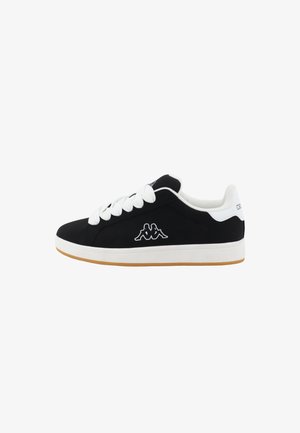 Black sneaker with white accents, featuring a logo on the side, round toe, white laces, and a gum rubber sole. Smooth fabric texture.