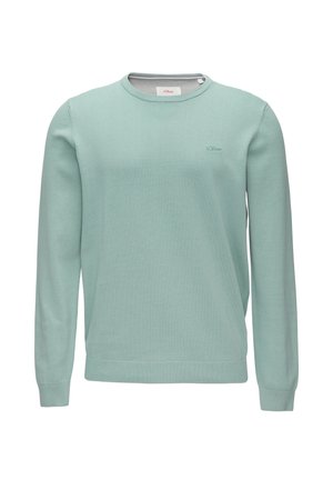 Jasnozielony sweter o okrągłym dekolcie i długich rękawach. Miękki, teksturowany materiał z małym logo na piersi i prążkowanym wykończeniem.