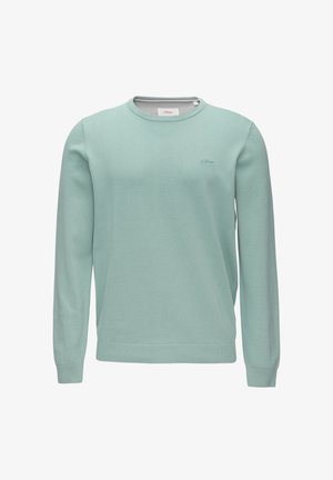 Jasnozielony sweter o okrągłym dekolcie i długich rękawach. Miękki, teksturowany materiał z małym logo na piersi i prążkowanym wykończeniem.