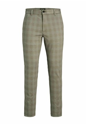 Pantalons plissés en motif carreaux vert clair et beige, avec une jambe droite, des passants de ceinture et une fermeture à un bouton.