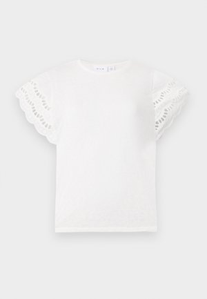 White t-shirt with short, scalloped sleeves featuring eyelet cutouts. Soft fabric, round neck, and simple design with no additional embellishments.