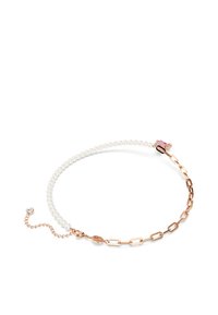 Colar em pérolas e corrente de ouro rosa com contas lisas alternadas e elos alongados, com um destaque rosa no fecho e comprimento ajustável.