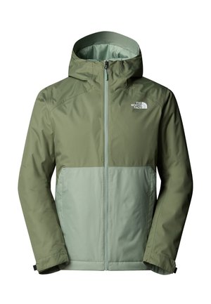 Giacca verde oliva con chiusura a zip e cappuccio, caratterizzata da un pannello anteriore in verde chiaro. Tessuto liscio e resistente alle intemperie.