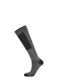 Grå knästrumpa med ribbad mudd, svarta detaljer och en blandad texturdesign med varierande nyanser av grått.