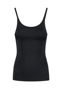 Top negro sin mangas hecho de una tela suave, con un cuello redondo, tirantes delgados ajustables y una silueta ajustada.