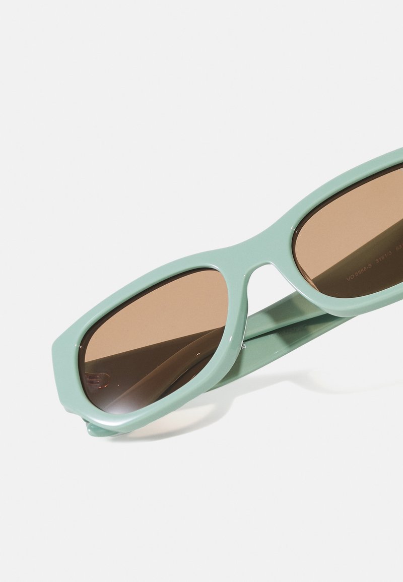 Ochelari de soare mint verzi cu un finisaj lucios, formă rectangulară și lentile cu nuanță maro. Caracteristici cu rame groase și un design elegant.