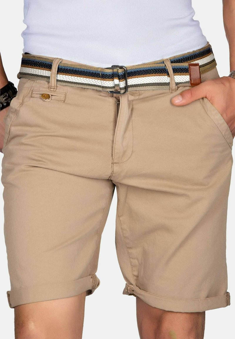 Khaki shorts made of cotton blend with rolled hems, front pockets, a zip fly, and a woven multicolor striped belt with a metal buckle.