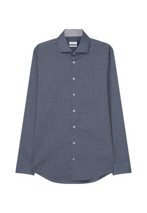 Herenoverhemd met lange mouwen in donkergrijs, voorzien van een brede kraag en witte knopen aan de voorkant.