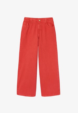 Pantalon à taille haute et jambes larges en rouge uni avec fermeture à boutons sur le devant, passants pour ceinture et deux poches avant.