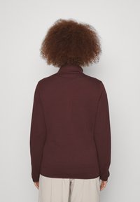 Pull à col roulé bordeaux avec manches longues, présentant un design en tricot texturé, des poignets côtelés et une coupe décontractée vue de l'arrière.