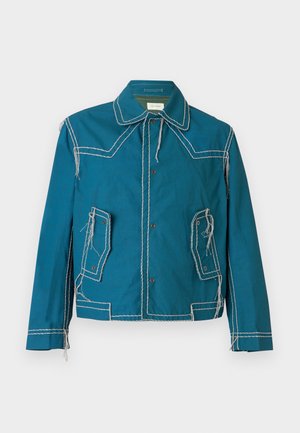 Blue long-sleeve jacket with large collar, contrasting white stitching, button front, and two flap pockets with frayed edges.