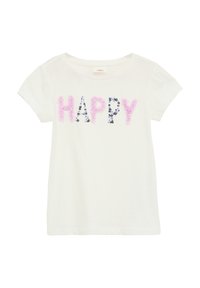 Witte katoenen t-shirt met het woord "HAPPY" in textuurrijke, multikleurige bloemenapplicatie. Korte mouwen en ronde halslijn.