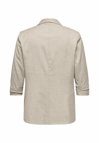 Helebeige bleiser sile silmade, tekstuuriga kanga, kolmeveerandi varrukate ja nurgelise kraega, millel on küljetaskud ja kohandatud lõige.