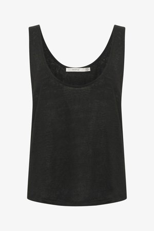 Čierne bezrukávové tielko vyrobené z ľahkého textúrovaného materiálu. Má okrúhly výstrih a voľný strih. Žiadne viditeľné vzory ani akcenty.