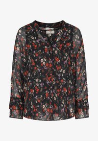 Black floral blouse with red, purple, and white flowers, button-down front, V-neck, and long sleeves with ruffled accents. Sheer fabric texture.