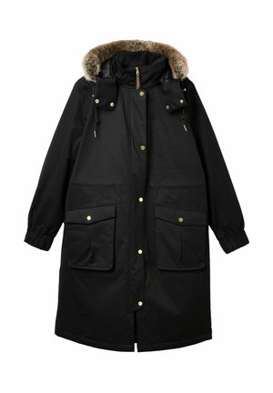 Schwarzer Parka mit gefütterter Kapuze aus Kunstfell, Reißverschluss am Kragen, goldenen Druckknöpfen, zwei frontalen Taschen, elastischen Bündchen und einem knielangen Design.