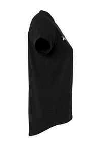 T-shirt en coton noir à manches courtes, col rond et coupe droite. Présente un texte blanc minimaliste sur le devant.