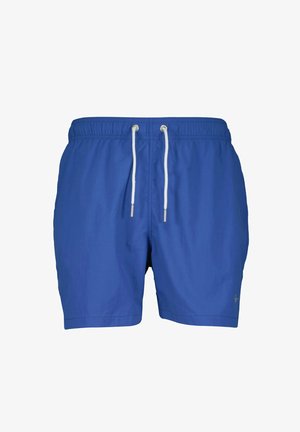 Blauwe zwembroek van lichtgewicht materiaal, met een elastische tailleband met koordje en een nette, gladde textuur.