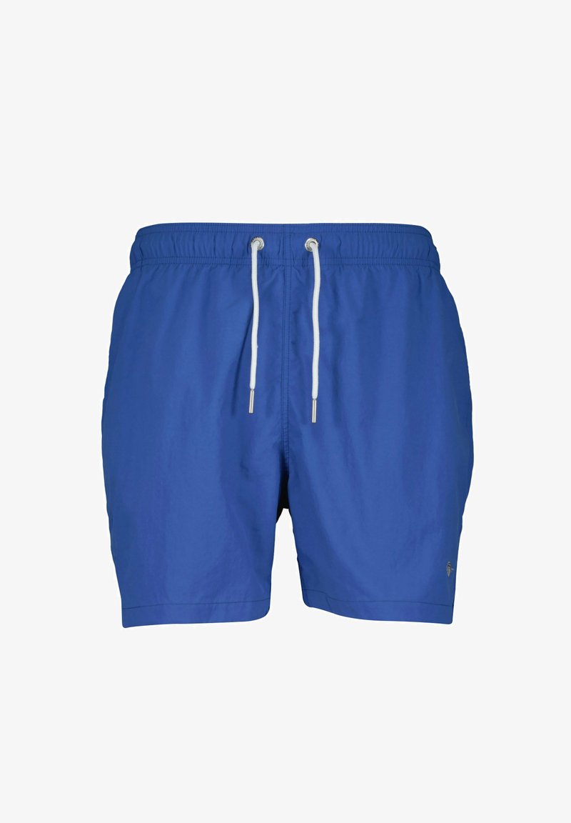 Blauwe zwembroek van lichtgewicht materiaal, met een elastische tailleband met koordje en een nette, gladde textuur.