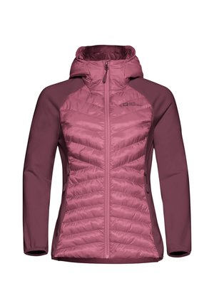 Giacca leggera bicolore rosa con isolamento trapuntato nella parte anteriore, maniche in tessuto liscio, tasche con zip e cappuccio.