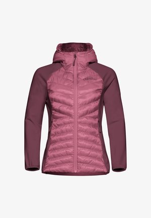 Lichte, twee-tonige roze jas met gequiltte isolatie aan de voorkant, gladde mouwen van stof, ritszakken en een capuchon.