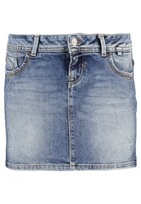 Blue faded denim mini skirt with front button, zipper, belt loops, and two front pockets.
