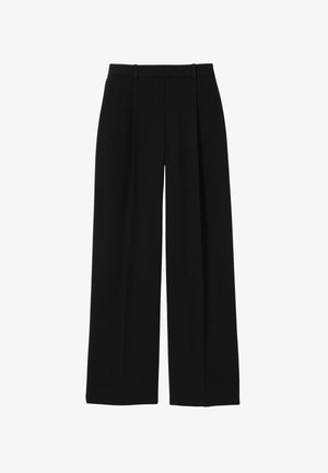 Pantalon noir à jambes larges, taille haute, passants de ceinture et plis devant, présenté sur fond blanc.