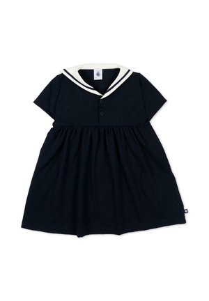 Granatowa sukienka z krótkim rękawem, białym kołnierzem marynarskim i dwoma guzikami z przodu, talią marszczoną i plisowaną spódnicą w kształcie litery A dla dziecka.