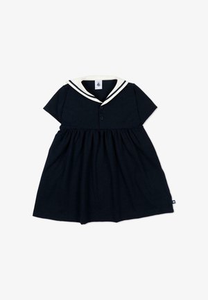Robe bleu marine à manches courtes avec col marin blanc et deux boutons devant, taille froncée et jupe trapèze pour enfant.