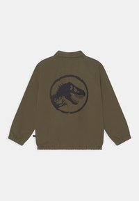 Casaco verde-oliva com mangas longas, apresentando a silhueta de um dinossauro preto em um design circular nas costas. Punhos elásticos, gola.