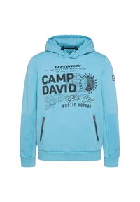 Light blue hooded sweatshirt with black text, Arctic map graphic, zippered front pockets, and drawstring hood detailing.