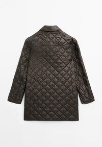 Mørkebrun quiltingjakke med diamantmønster, skjortekrave og lange ærmer. Glat overflade med et slankt, moderne design.
