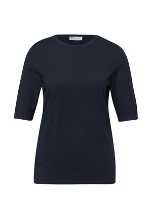 Haut en maille bleu marine à manches courtes avec encolure ronde et poignets et ourlet côtelés, vue de face sur fond blanc.