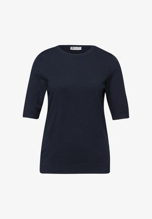 Haut en maille bleu marine à manches courtes avec encolure ronde et poignets et ourlet côtelés, vue de face sur fond blanc.