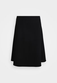 Jupe noire trapèze avec une ceinture ajustée, suspendue sur un fond blanc, montrant la partie avant et une partie du panneau latéral.