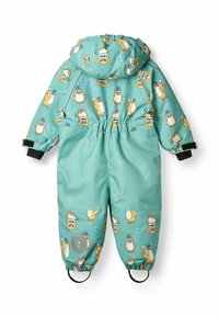 Türkiser Kinder-Schneeanzug mit Pinguin-Mustern, elastischen Bündchen und integrierten Schlaufen für Stiefel, aus wasserdichtem Material.