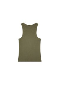 Olive roheline, soonikkoesega tank top ümmarguse kaeluse ja laiade käeaukudega. Selg on lihtsa, ilma õmblusteta disainiga, ilma igasuguste rõhutatusteta.