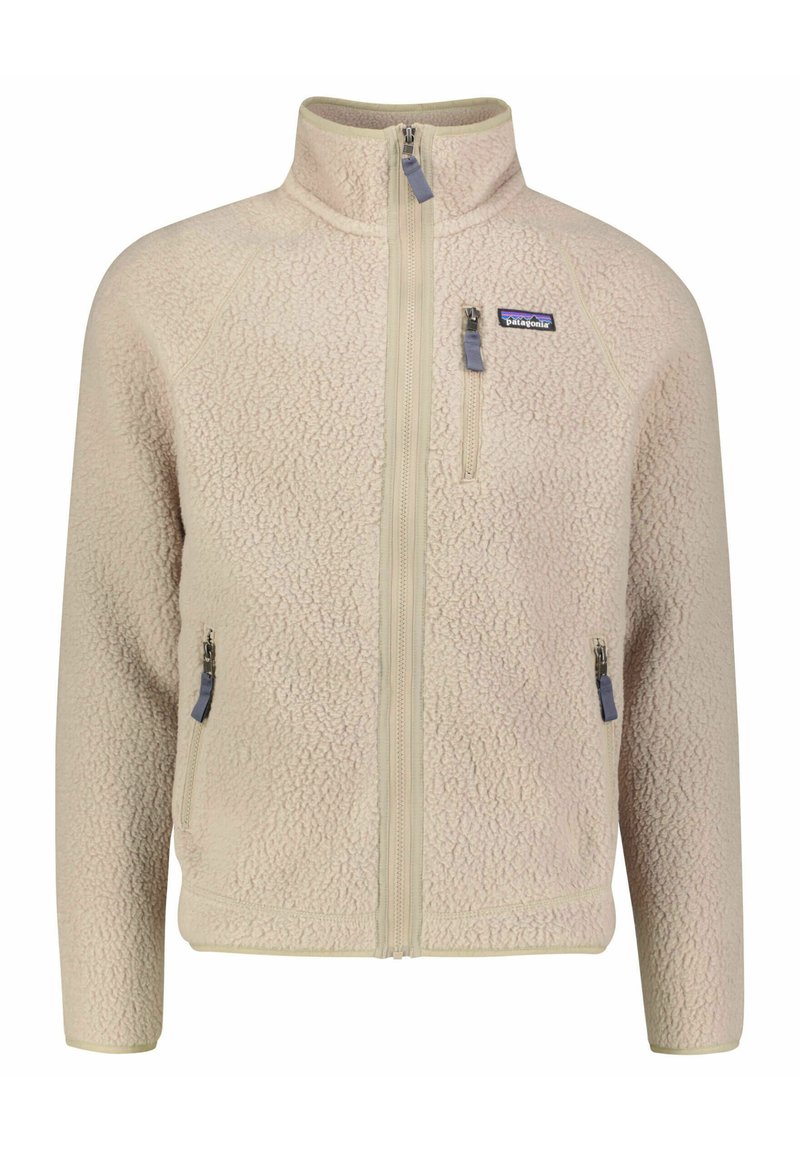 Beige fleece jacket with a high collar, front zipper, and two zippered pockets. Textured surface with soft, cozy appearance.