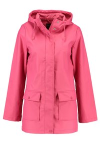 Rosa vattentät jacka med huva, framsidig dragkedja och tryckknappsfickor. Slät textur, avslappnad passform och justerbar snörning vid halsen.