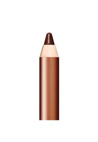 Crayon à lèvres marron avec une pointe effilée, présentant un tube en bronze métallisé et une section beige mate à la base.