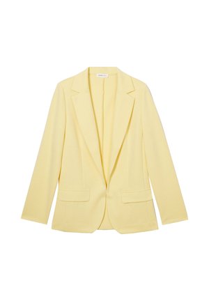 Gul blazer lavet af tekstureret stof, med enkeltknaplukning, hakket revers og to forlommer.