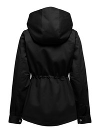Black hooded jacket with cinched waist and buttoned cuffs, shown from the back on a white background.