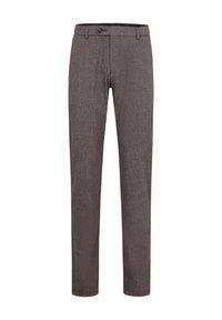 Braune, strukturierte Hosen mit maßgeschneidertem Schnitt, ausgestattet mit einem Frontknopfverschluss und Gürtelschlaufen, akzentuiert durch ein dezentes Muster.