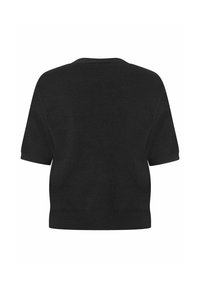 Black short-sleeve sweater with a relaxed fit, made of soft knit material. Features a round neckline and ribbed hem for added texture.