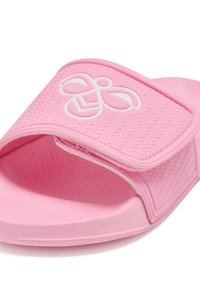Pink rubber slide sandal with a textured strap, featuring a white logo and zigzag pattern. The sole is flat and smooth.