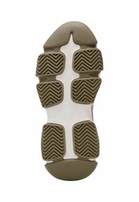 Shoe sole with a white base, featuring brown rubber sections with zigzag patterns for traction and a rounded rear for stability.