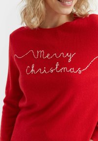 Rode trui met een zachte textuur en "Vrolijk Kerstfeest" in een golvende witte lettertype geborduurd op de voorkant. Ronde halslijn en lange mouwen.