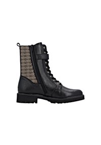 Bottines noires en cuir avec un panneau en tissu à motif géométrique texturé, fermeture éclair latérale, œillets dorés et semelle en caoutchouc robuste.